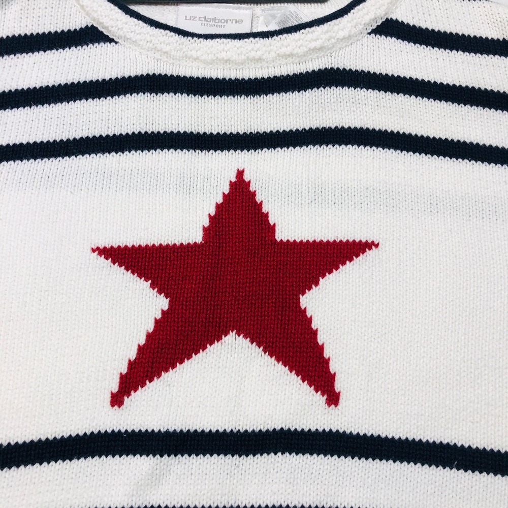 VTG Liz Claiborne XL Sweater Sport Pullover Y2K Nautical Star White Blue Knit - Picture 3 of 9